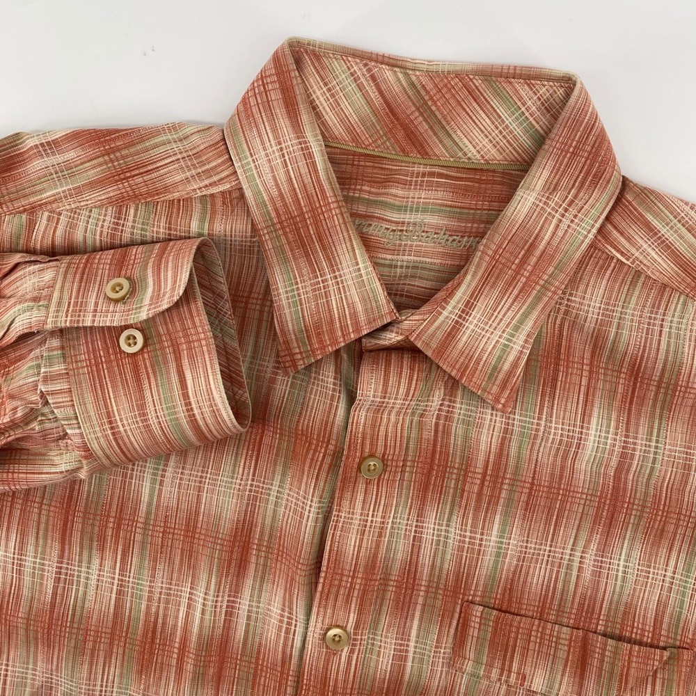 Tommy Bahama Button Down Mens XL Orange Plaid Silk Cotton Long Sleeve Shirt